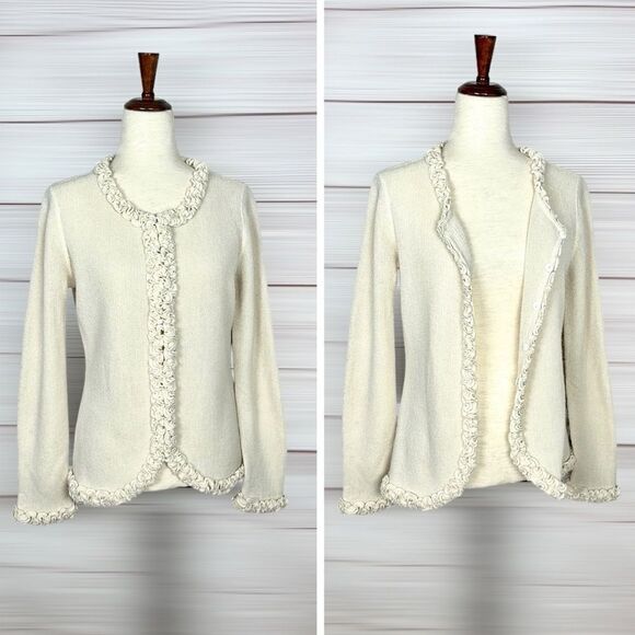 All Alpaca Ivory Cardigan Sweater Ruffle Details Hidden Button Closure M-L - Picture 1 of 14